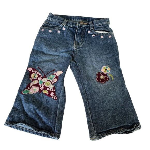 Baby Gap Girls Denim Jeans Blue Embroidered Butterfly Floral Bootcut 12-18M Boho - Picture 1 of 9
